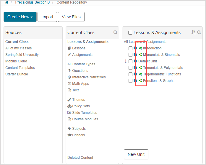 Current Class selected under Sources pane, then under Lessons and Assignments pane some items have the shared icon next to its name.